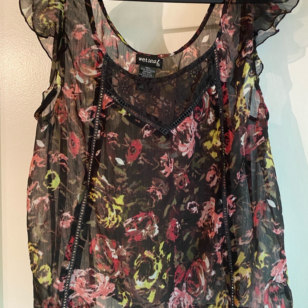 Wet Seal Sheer Floral Blouse - Black, Pink, and Yellow
